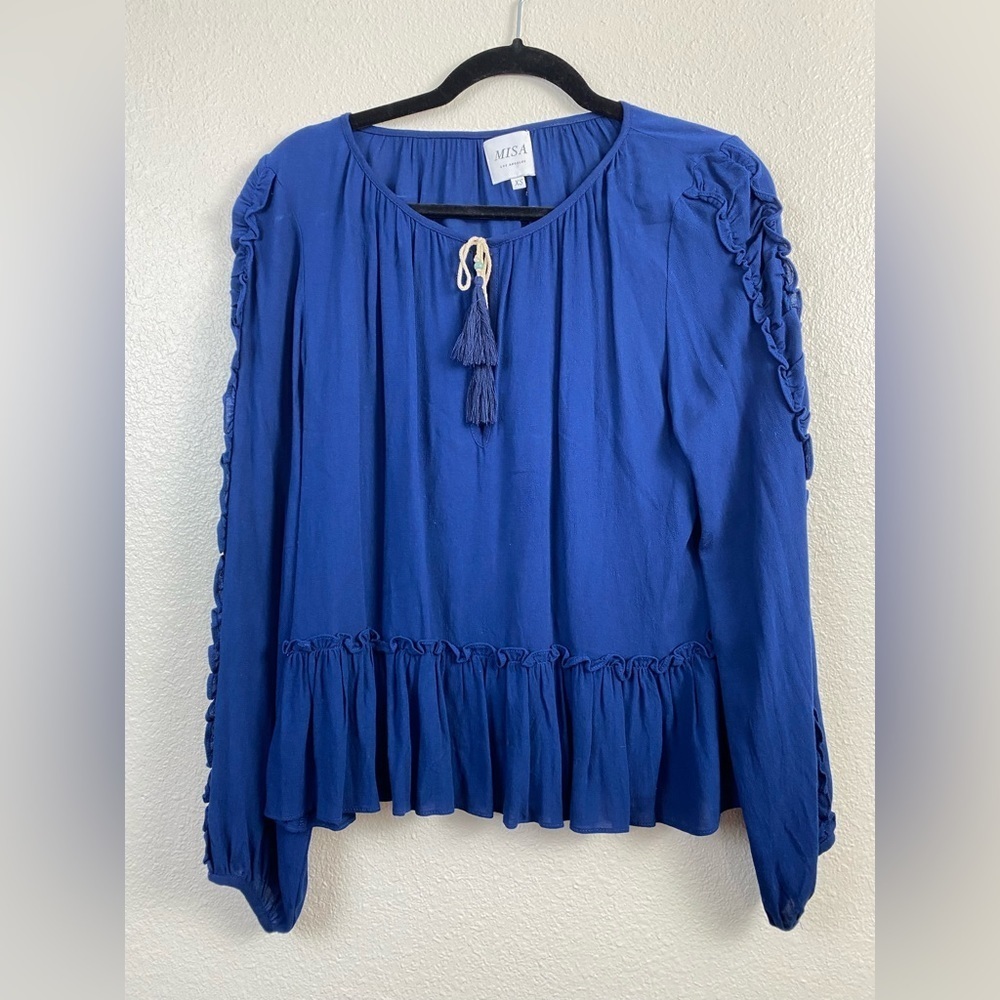 Misa Los Angeles Karla Ruffle Trim Boho Festival Peasant Blouse Blue Top size XS